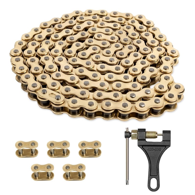 Belleone 520 Gold Motorcycle Chain 120 Links with Chain Breaker, 520 Standard Roller Chain with 5 Connecting Master Links - Image 1